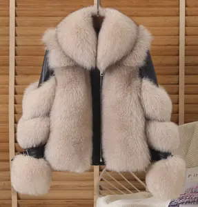 QIUCHEN QC2120115 Fashion Winter Luxury Fluffy Jacket Women Genuine Fox Fur Coat With Real Leather