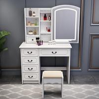 Coiffeuse multifonctionnelle blanche européenne avec miroir LED coulissant, plusieurs tiroirs et tabouret pour petite chambre