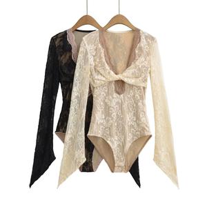 Contrast <strong>Lace</strong> Trim Deep V Neck <strong>Bodysuit</strong> Women Sexy Twist Front Long Sleeve Jumper Top See Through Mesh Lingerie Style Shirt - Product Image 1