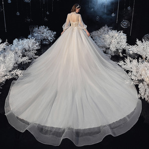 Elegant Bridal Wedding Dress Ball Gown High Neck Long Sleeve Tulle Empire Waist Vintage Style With Train - Product Image 4