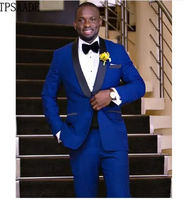 Royal Blue kerah selendang Satin hitam pria, setelan tuksedo pernikahan pengiring pengantin pria murah untuk pria WF879
