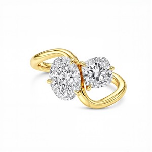 Luxury Lab Grown Diamond Two Stone Engagement <b>Ring</b> Featuring Elongated Oval Cut and Cushion Cut Diamonds in a Modern High Polish - Product Image 3