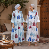 Robe longue ample à col cranté, imprimé feuilles colorées, manches trois quarts, coupe droite |   Abaya musulmane quotidienne, robe islamique modeste