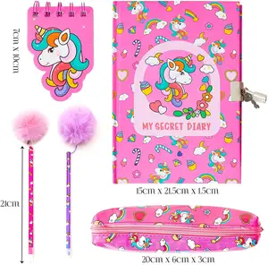 Set Alat Tulis Unicorn My Secret Diary Pena Berbulu Casing Notebook Mini Saku Hadiah untuk Anak Perempuan