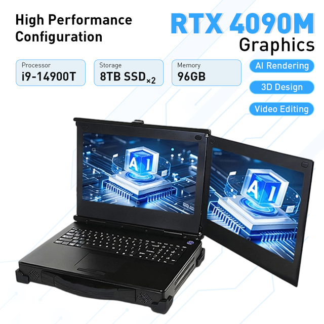 Dual Screen Rugged Portable All-in-one Industrial Workstation I9-14900T 96GB RAM 16TB SSD 16GB GPU for AI Computing OEM Stock