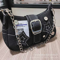 Sac à bandoulière vintage Y2K pour femme en similicuir et jean, avec bouton, fermeture éclair, motif étoile unique, et sangle chaîne en polyester