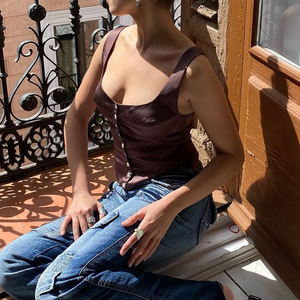 เสื้อสายเดี่ยวคอเหลี่ยมสำหรับผู้หญิง สีขาว ติดกระดุมด้านหน้า เสื้อกั๊กแขนกุด สีพื้น โพลีเอสเตอร์ ยืดหยุ่นเล็กน้อย เหมาะสำหรับใส่ซ้อนทับ - Product Image 4