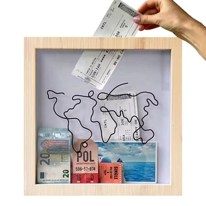 Tirelire Thème Voyage avec Cadre Photo en Bois Gris, Emplacement pour Pièces de Monnaie, Décoration Carte du Monde, Cadeau de Remise de Diplôme, Décoration Maison, Vente en Gros OEM ODM - Product Image 2