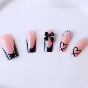 Unghie Finte CTTHNBD a Pressione Media, Forma Coffin con French Tip Nere, Decorazioni a Fiocco e Cuore, Unghie Acriliche per Donne, 24 Pezzi - Product Image 5