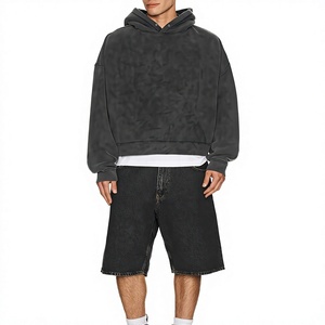 Men's Oversized Cropped Hoodie Solid Color French Terry Cotton Sweatshirt Hooded Regular Sleeve Autumn Style - Product Image 3