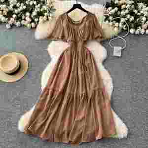 Vestido midi casual de verano vintage con cuello cuadrado, de gasa tejida, corte A, ajustado, para mujer, con cintura imperio - Product Image 4