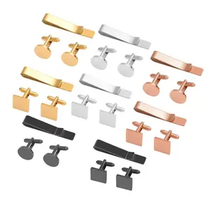 Hot Gold Plated Men Accessories Clip On Tie Necktie Stainless Steel Tie Bar Set Customized Logo Engraved Cuff Links Tie Clips