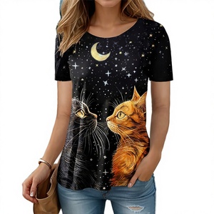 เสื้อยืดผู้หญิงไซส์ใหญ่ลายการ์ตูนถักนิตติ้งพร้อมลายพิมพ์แมวดำ 3 มิติ แขนสั้น คอกลม แฟชั่นฤดูร้อนสุดฮา - Product Image 4
