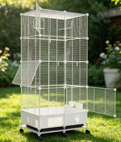 Cage à oiseaux auto-assemblable simple noir et blanc avec roulettes, structure en acier forgé, grande zone d'activités, portes multi-ouvertures