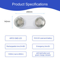 Lampe d'urgence à double tête 6W haute luminosité 1200lm, murale, rechargeable, à LED