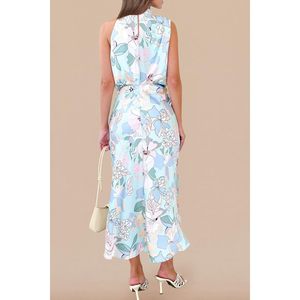 Robe longue d'été en satin à motif floral pour femme FOXA, col montant, sans manches, coupe fourreau, pour cocktail, respirante, taille naturelle - Product Image 4