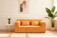 Canapé-lit confortable pour deux personnes avec revêtement en velours, design moderne