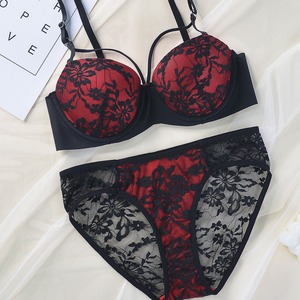 Comfortable Sexy Red Women Underwire Bra <strong>Set</strong> With <strong>Black</strong> <strong>Lace</strong> Panty and Bra <strong>Set</strong> - Product Image 4