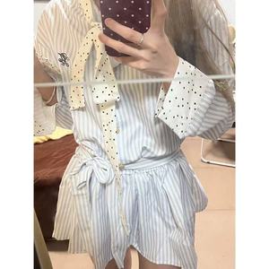 Korean Style Striped Patchwork Dress Long Sleeve Bow Neckline Tight Waist Casual Daily Wear Blue White Stripes Polyester - Product Image 2
