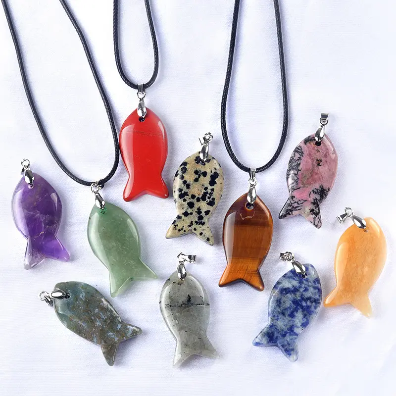 Handmade Fish-shaped Crystal Pendant Necklace Natural Stone Tiger Eye Amethyst Charms Leather Cord Necklaces Choker Jewelry