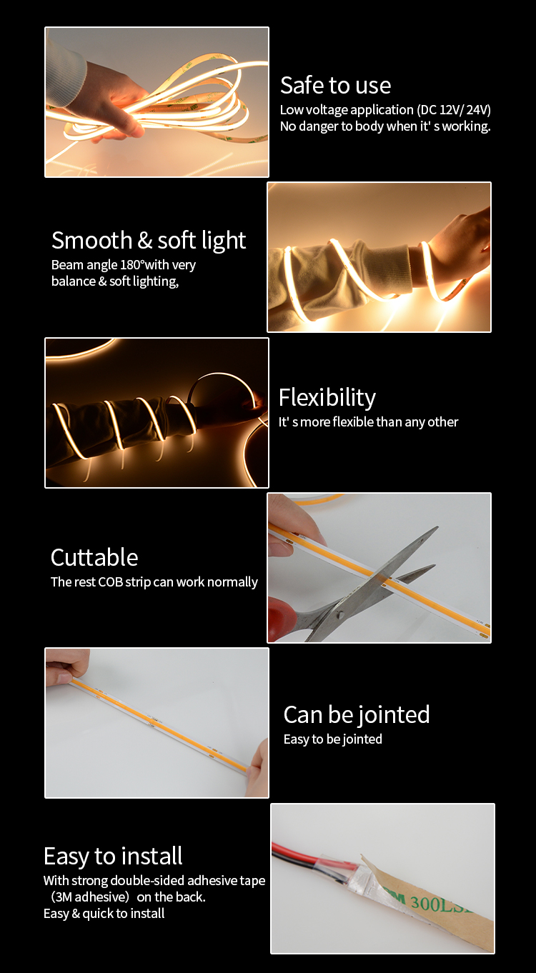 led flexible dotless strip light DC24v no dot cob led light strip