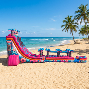 Toboggan aquatique gonflable géant personnalisé Hibiscus Hawaïen en PVC double piste avec piscine pour location événementielle extérieure - Product Image 2