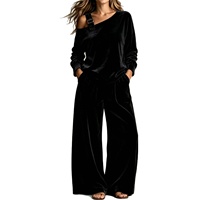 Nouvel ensemble décontracté deux pièces en velours uni pour femme, style européen et américain, pantalon ample à jambes larges et haut à manches longues épaules dénudées