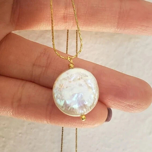Collar de Cadena de Serpiente con Colgante de Moneda de Perla Barroca Irregular para <span class=keywords><strong>Mujer</strong></span>, Ideal para Combinar con Otras Joyas - Product Image 2