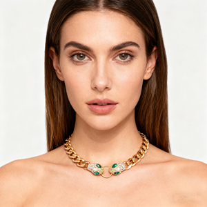 Collier Haut de Gamme pour Femme, Tête de Serpent Incrustée, Design de Luxe, Chaîne Maillons, Motif Géométrique, en Alliage - Product Image 1