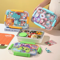 Boîte à lunch en acier inoxydable scellée indépendamment, motif dessin animé UV (4 compartiments, 900 ml + bol en PP de 150 ml avec fourchette et cuillère en PP)