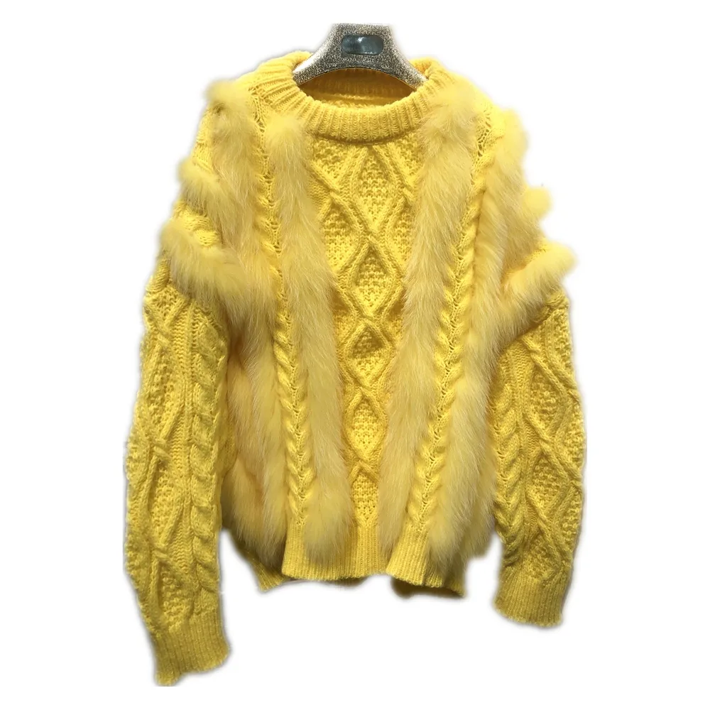 Wholesale High Quality Design Fashionable elegant long style yellow Mink pullover sweater with fox fur