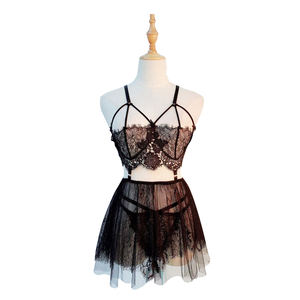 セクシーなランジェリー女性シアーメッシュ刺繍レースベビードールショートドレスパンティー付きロング着物ローブパジャマホーム服 GR176 - Product Image 4