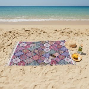 Serviette <span class=keywords><strong>de</strong></span> plage bohème en microfibre avec pompons, serviette <span class=keywords><strong>de</strong></span> <span class=keywords><strong>bain</strong></span> bohème sans sable à séchage rapide pour le yoga, la natation et les voyages d'été - Product Image 6