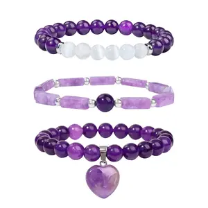 Gemstone Beads Love Pendant Bracelet 3Pcs/set Amethyst Gemstone Beads Heart Charm Natural Rose Quartz Stone Beaded Bracelet Set