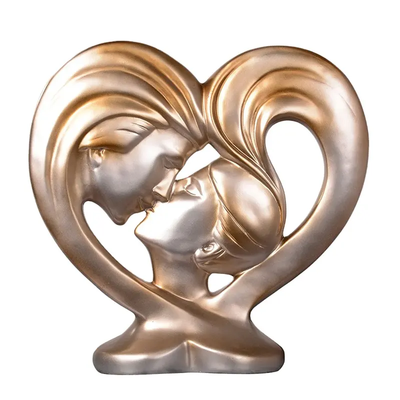 Hars Abstracte Een Kus Van De Hart Standbeeld Creatieve Paar Sculpturen Figuur Beeldje Voor Home Decor Huwelijkscadeau Zilver Goud