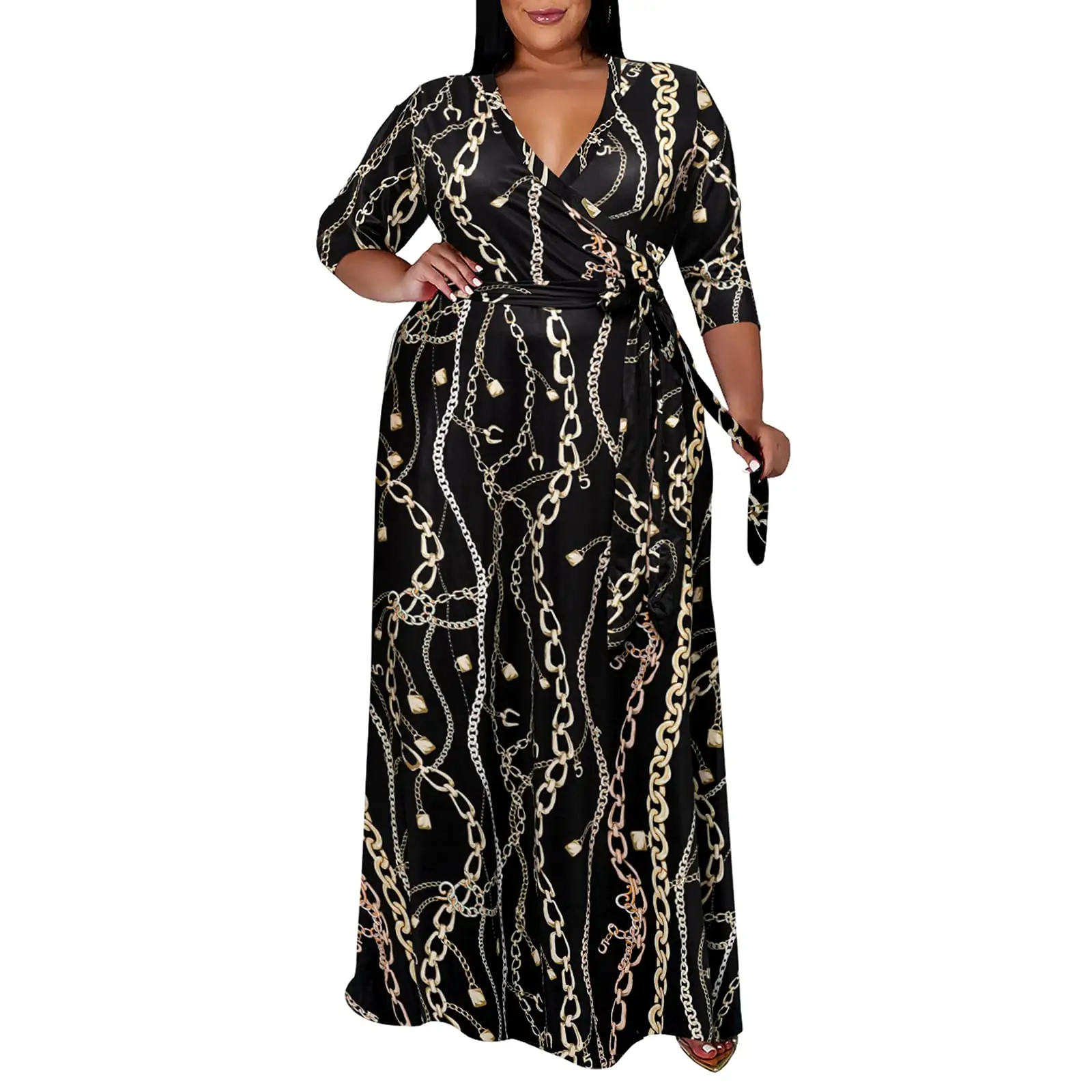 2022 Plus Size Dresses for Women Floral Maxi Dress Flowy 3/4 Sleeve with Belt