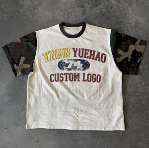 T-shirt <span class=keywords><strong>Homme</strong></span> Oversize Vintage <span class=keywords><strong>Streetwear</strong></span> en Coton Délavé de Haute Qualité, Coupe Boxy, Motif Camouflage, Épais, Court, pour l'Été - Product Image 1