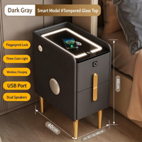 Table de chevet intelligente en bois avec haut-parleur Bluetooth, design convertible, utilisation hôtelière, petite lampe LED, port USB, charge sans fil, lecteur d'empreintes digitales