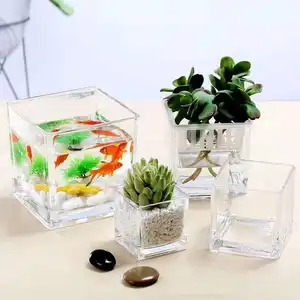 Jarrón de cristal transparente cuadrado con flores para decoración del hogar, diseño Simple personalizado, venta al por mayor