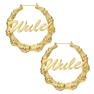 Pendientes iniciales chapados en oro exagerados con personalidad, pendientes de aro de corazón de bambú de acero inoxidable Diy con letras en inglés - Product Image 5