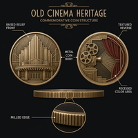 Pièce de monnaie commémorative personnalisée en métal, style Art Déco, avec relief 3D, thème Cinéma Ancien Héritage, avec boîte en velours de luxe, sans MOQ, vente en gros