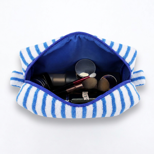 Bolsa de Maquillaje de Tela de Rizo con Rayas Azules y Logotipo Personalizado, Bolsa Cosmética con Cierre, Organizador de Artículos de Aseo, <span class=keywords><strong>Kit</strong></span> de Cuidado de la Piel para Viaje, Neceser para Mujer - Product Image 4