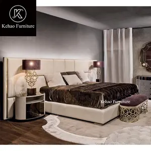 Italian King & Queen sizes bed bedroom furniture with big headboard leather luxury King size bed villa customize modern bed