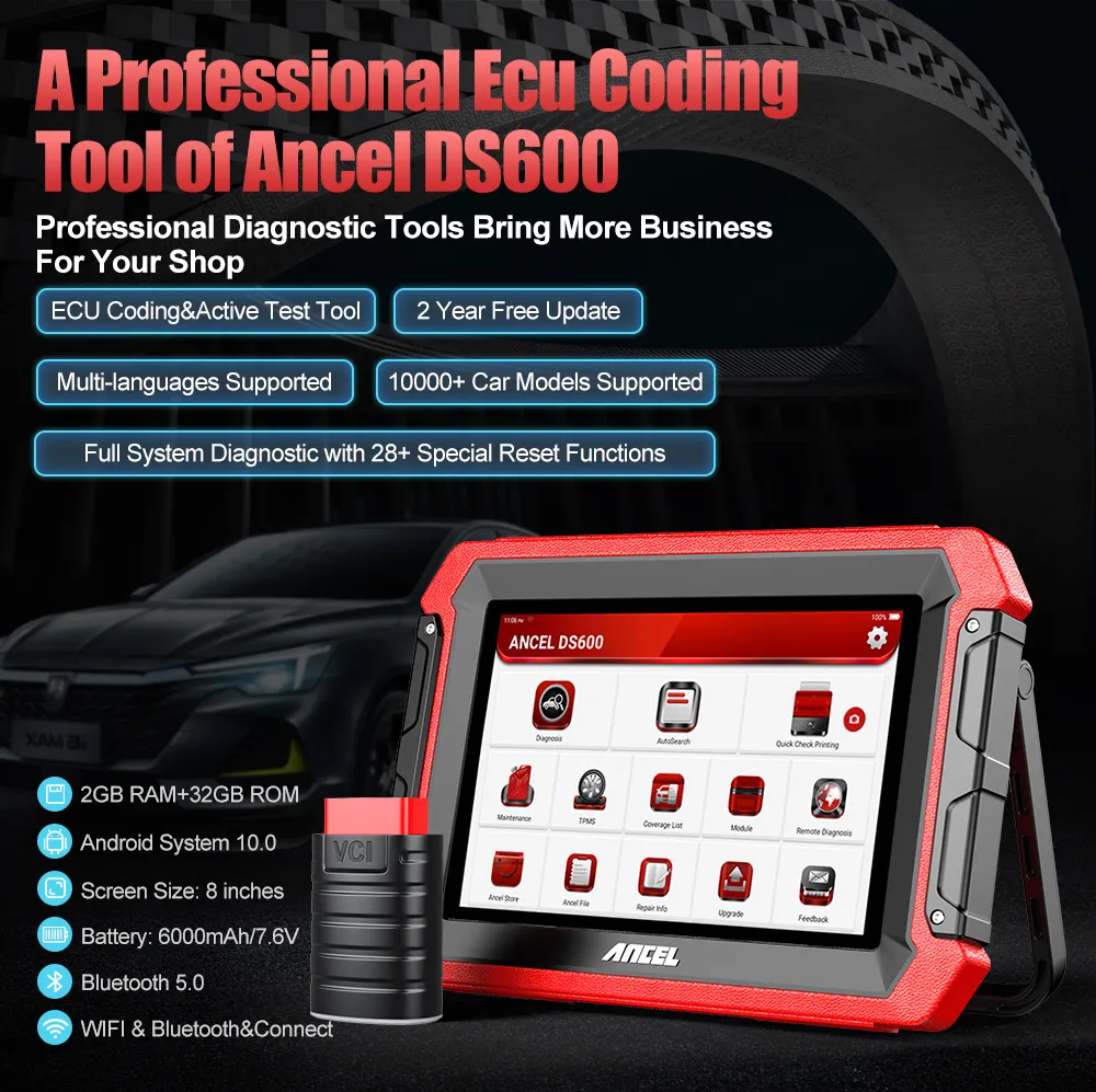 Ancel-herramienta de diagnóstico DS600 profesional para coche, escáner automotriz OBD2, todos los sistemas, DPF, reinicio de codificación de inyectores