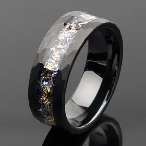 Poya anel de tungstênio de folha de ouro, opala de fogo meteorito, 8mm, martelado, preto, para casamento masculino