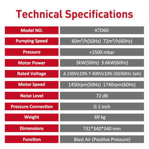 Wordfik ktd60 60m 3/h 72m 3/h + 1500mbar ड्राई रोटरी वेन प्रेशर पंप एयर ब्लास्ट कंप्रेसर प्लास्टिक के नेतृत्व वाले उद्योग के लिए - Product Image 3