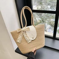 Sac fourre-tout en coton tressé à grande capacité, tendance, pour les vacances d'été, sac à main de plage avec nœud en dentelle, sac simple pour les trajets quotidiens