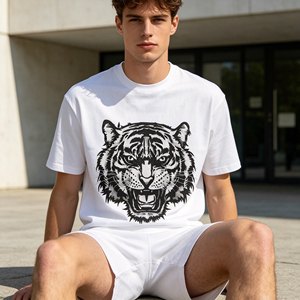 T-shirt homme à manches courtes personnalisé avec impression de lettres en strass, motif tigre, col rond, jersey décontracté en coton, coupe classique - Product Image 1