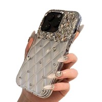 Coque de téléphone en plastique souple à motif matelassé tendance pour 17 Pro Max 16 Pro, protection intégrale avec strass argentés estampés à chaud