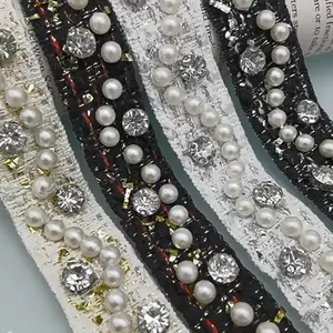 宽度25毫米涤纶手工闪亮钻石蕾丝丝带韩版珍珠珠子蕾丝装饰连衣裙边缘服装发领